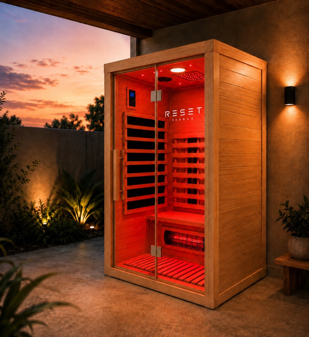 Reset Origin infrared sauna on a backyard patio at dusk