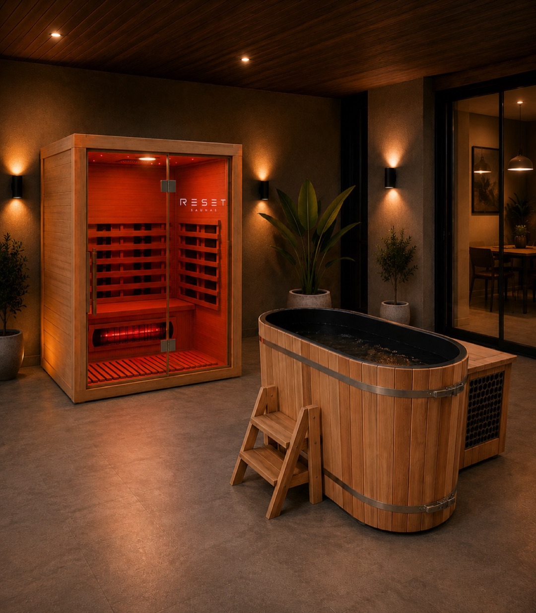 Reset Flow cold plunge in front of a Reset infrared sauna