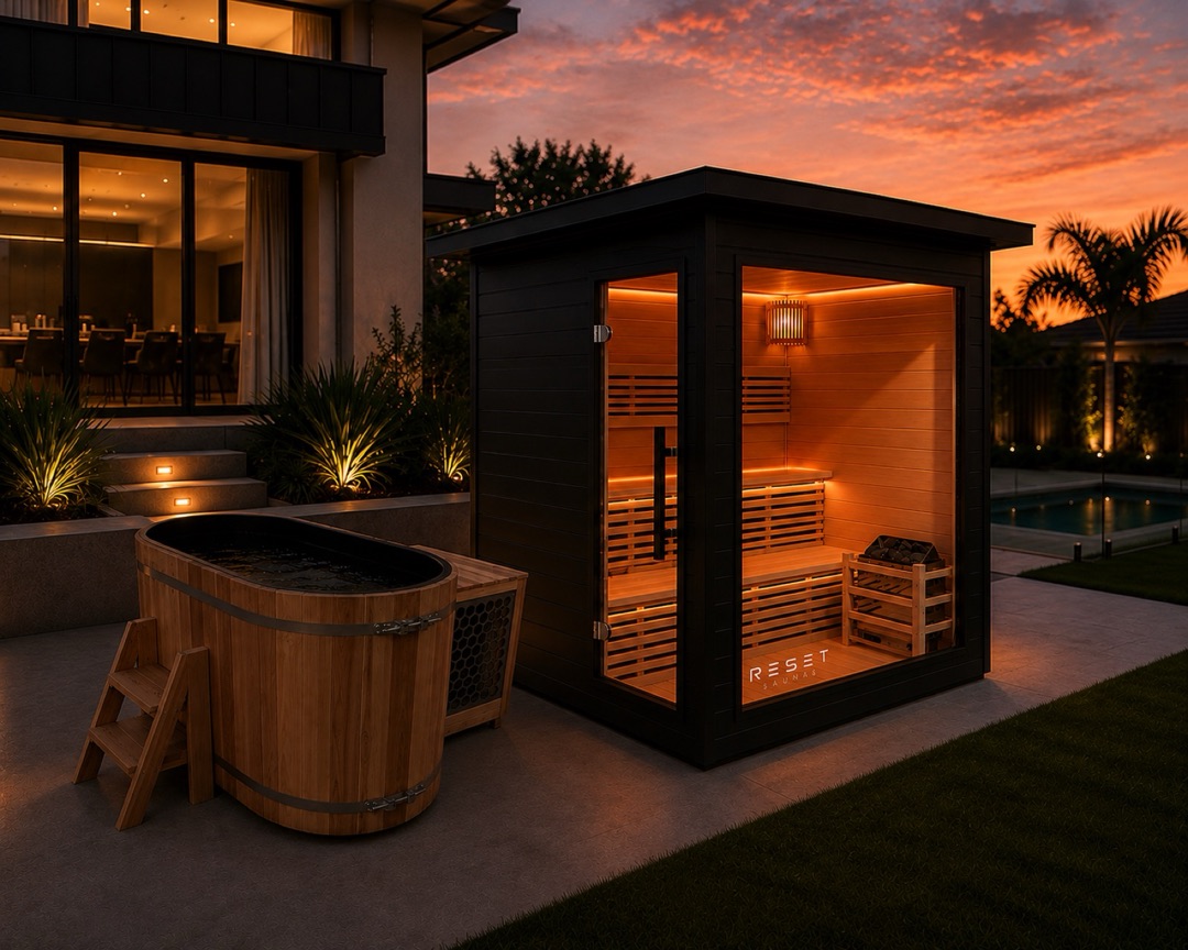 Reset Summit sauna and Reset Flow cold plunge in a backyard at dusk