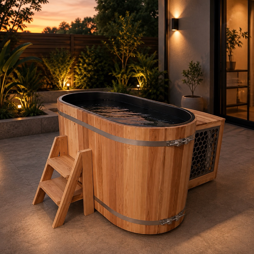 Reset Flow cedar cold plunge on a lit backyard patio