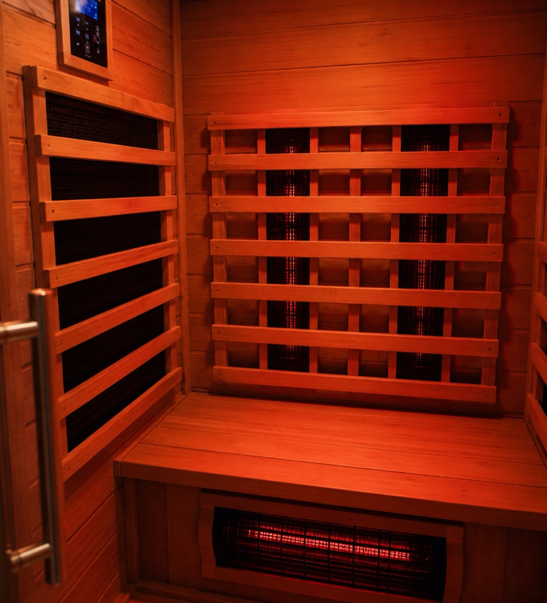 Inside the Reset Origin: cedar bench, backrest and infrared panels
