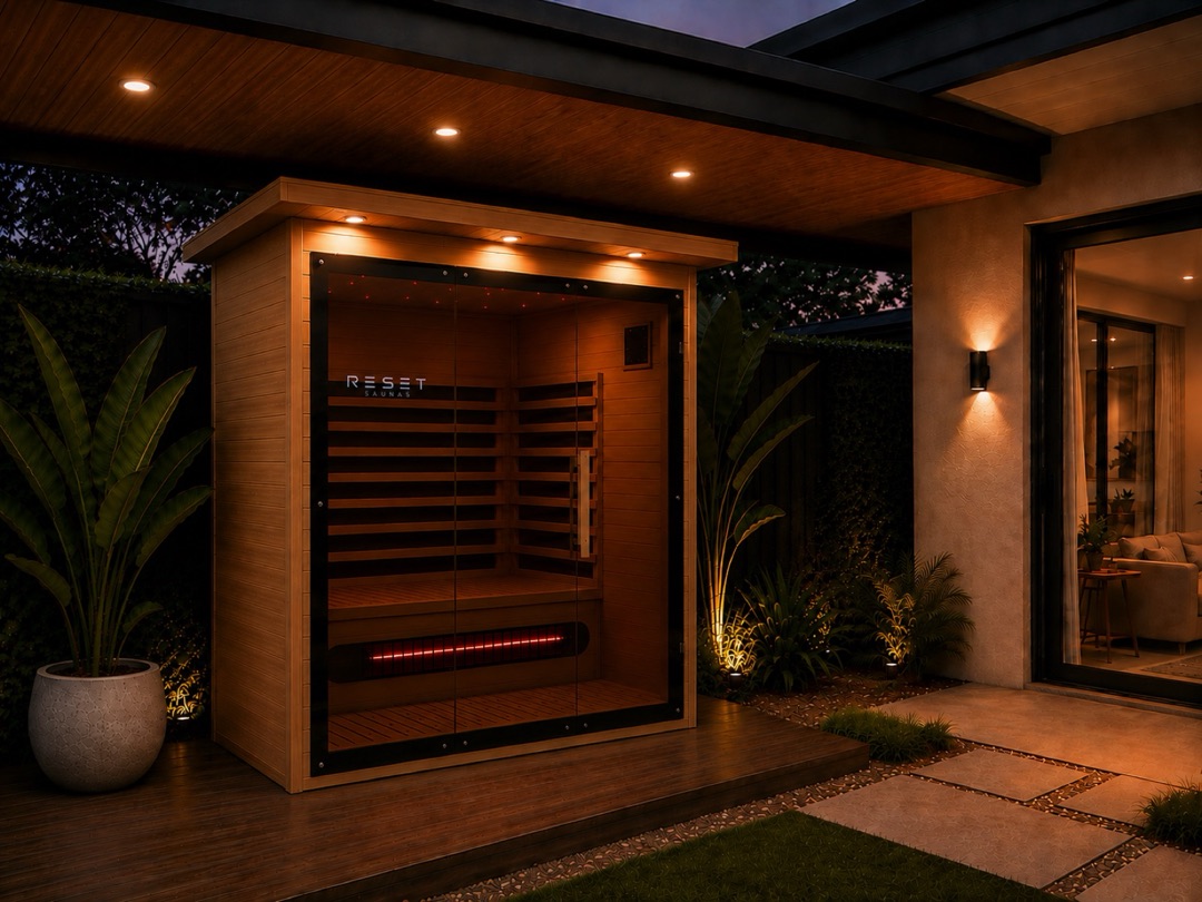 Reset Horizon three-person infrared sauna with lit eaves at night