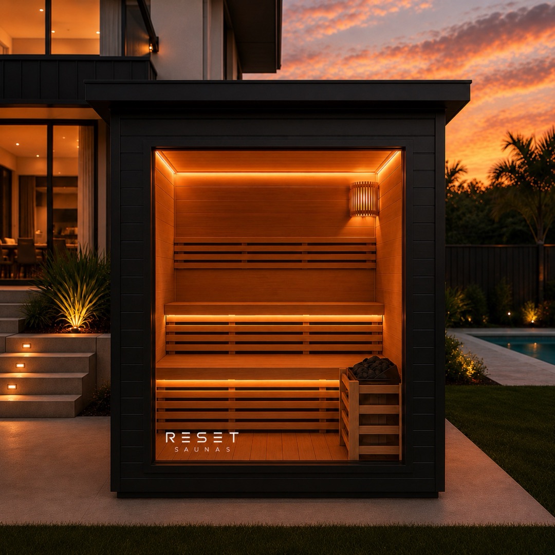 Reset Summit outdoor sauna with black exterior beside a pool at dusk