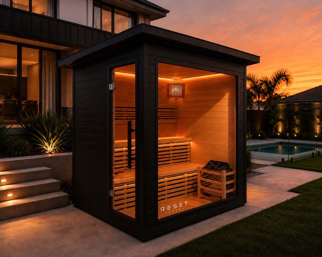 Reset Summit outdoor traditional sauna lit at sunset